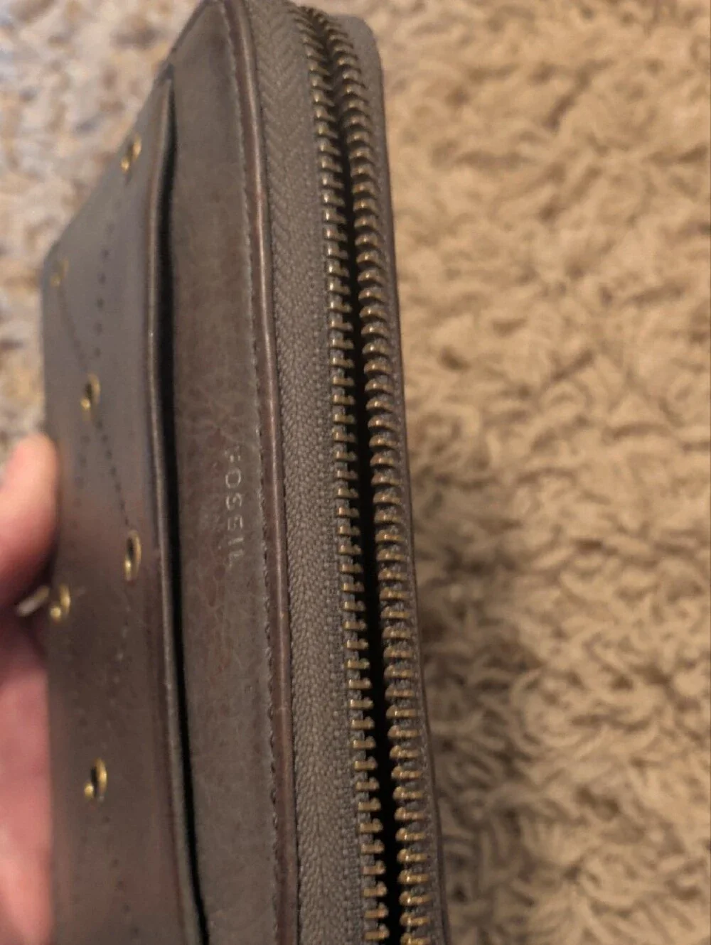 Fossil Quilted Eyelet Leather Zip Around Wallet with Gold Colored Accents